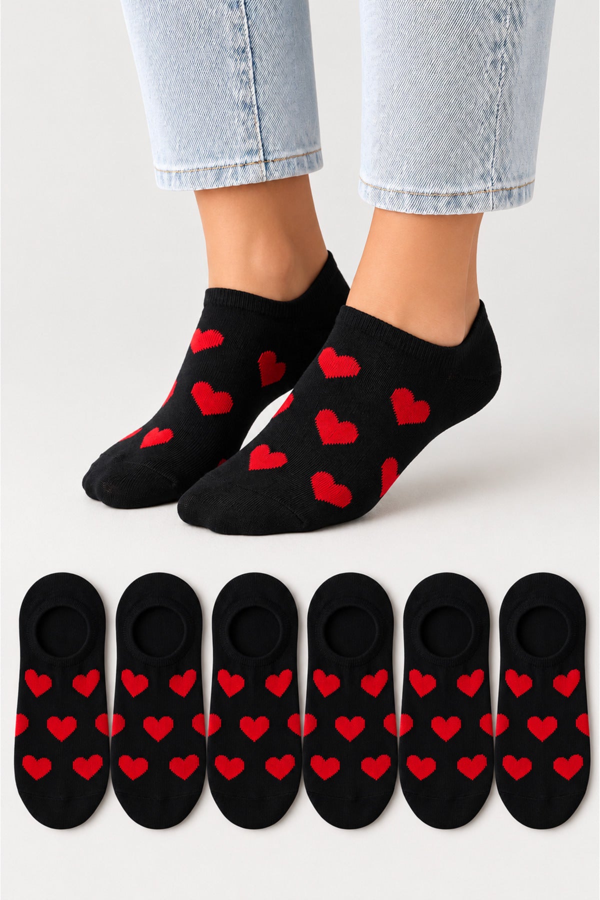 Kadın Dikişsiz Soft Pamuk Kalp Desenli 6'lı Sneakers Çorap