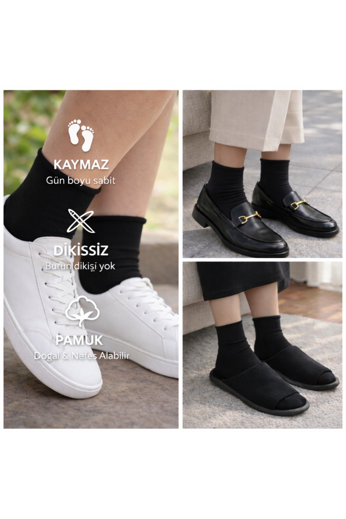 Pamuk Kadın Lastiksiz Siyah Soket Dikişsiz Premium Çorap 3'lü Paket / İz Bırakmaz / Sıkmayan Çorap