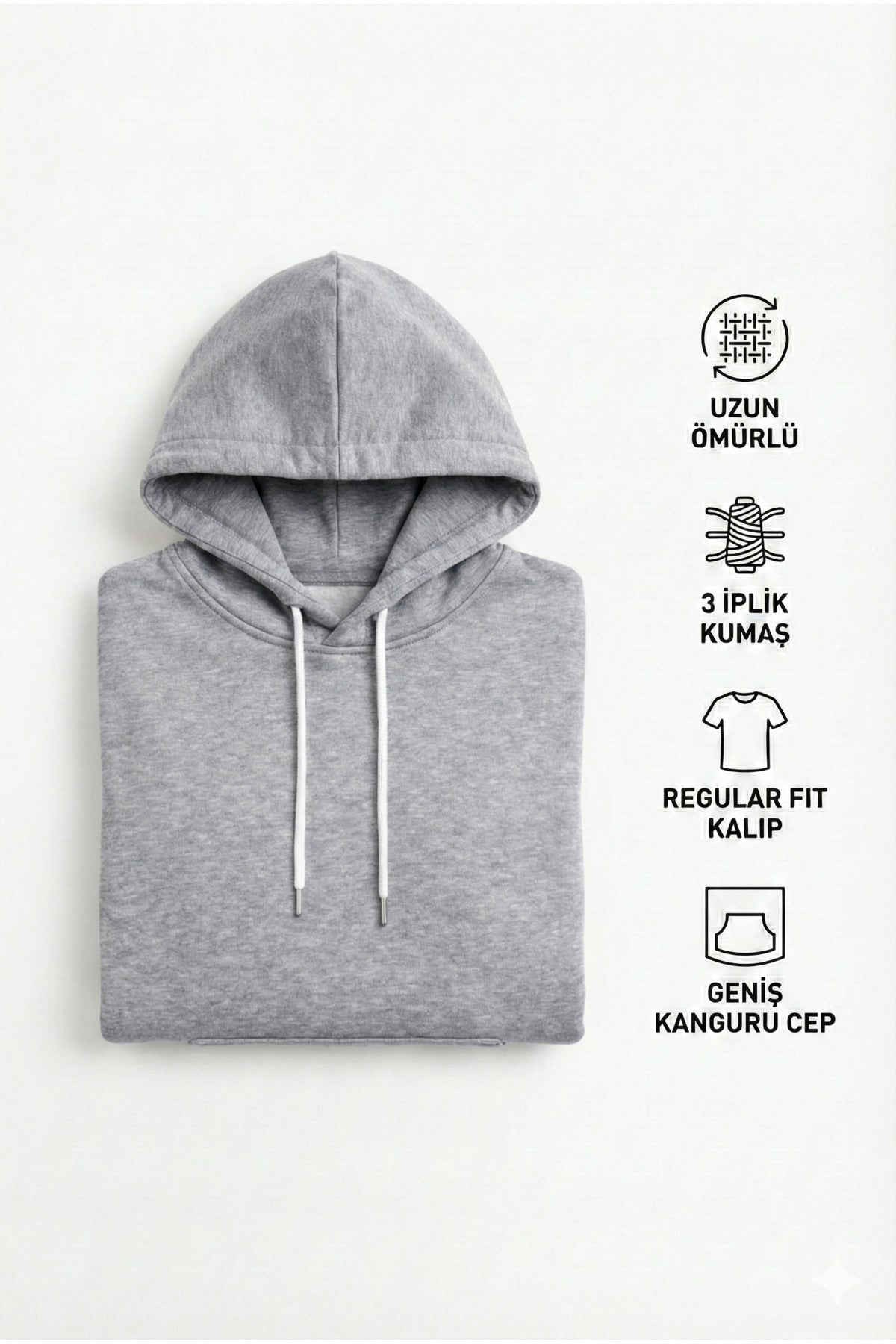 Kadın Gri 3 İplik Pamuklu Kapüşonlu Sweatshirt Basic Hoodie Kanguru Cepli