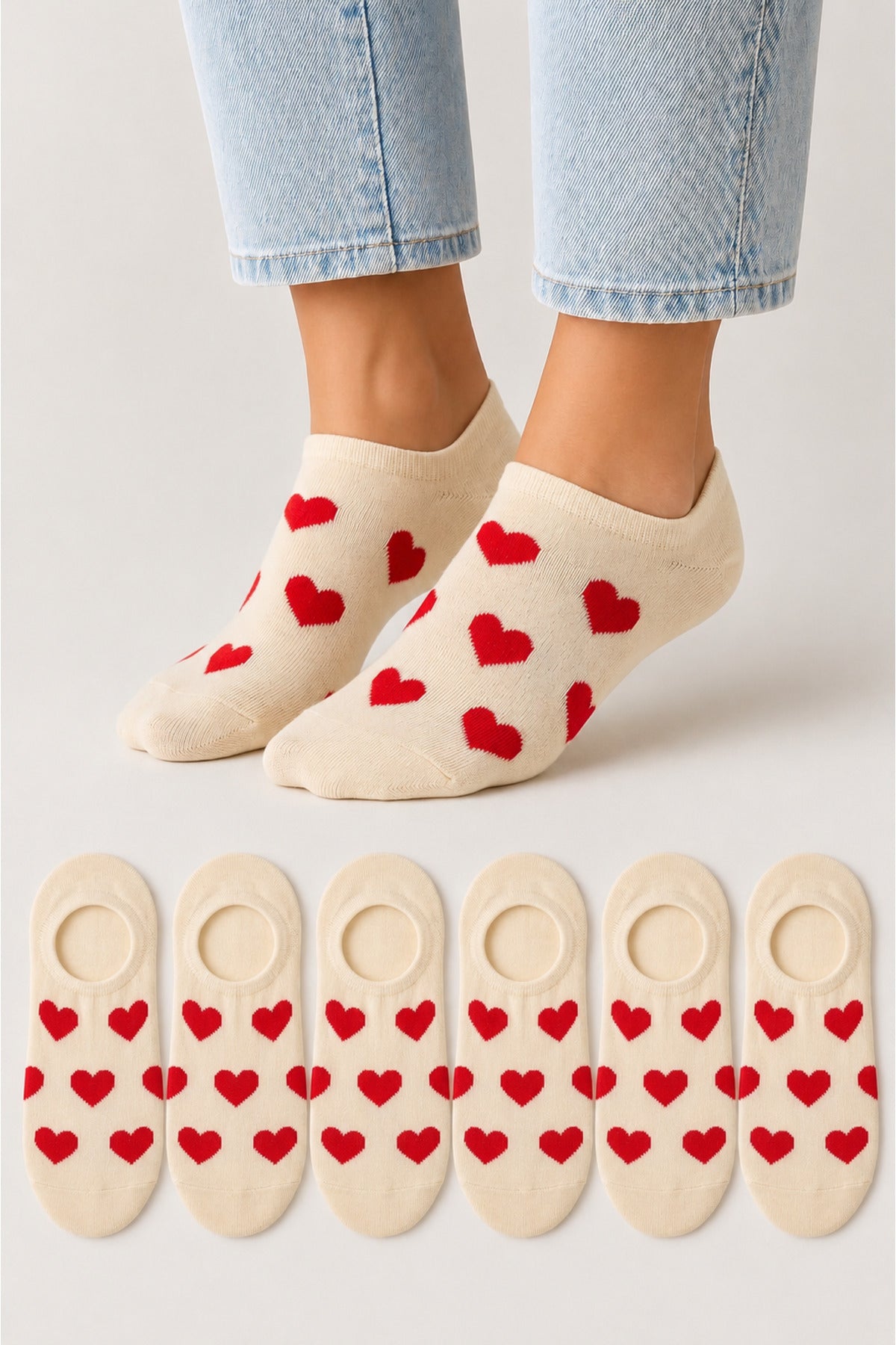 Kadın Dikişsiz Soft Pamuk Kalp Desenli 6'lı Sneakers Çorap