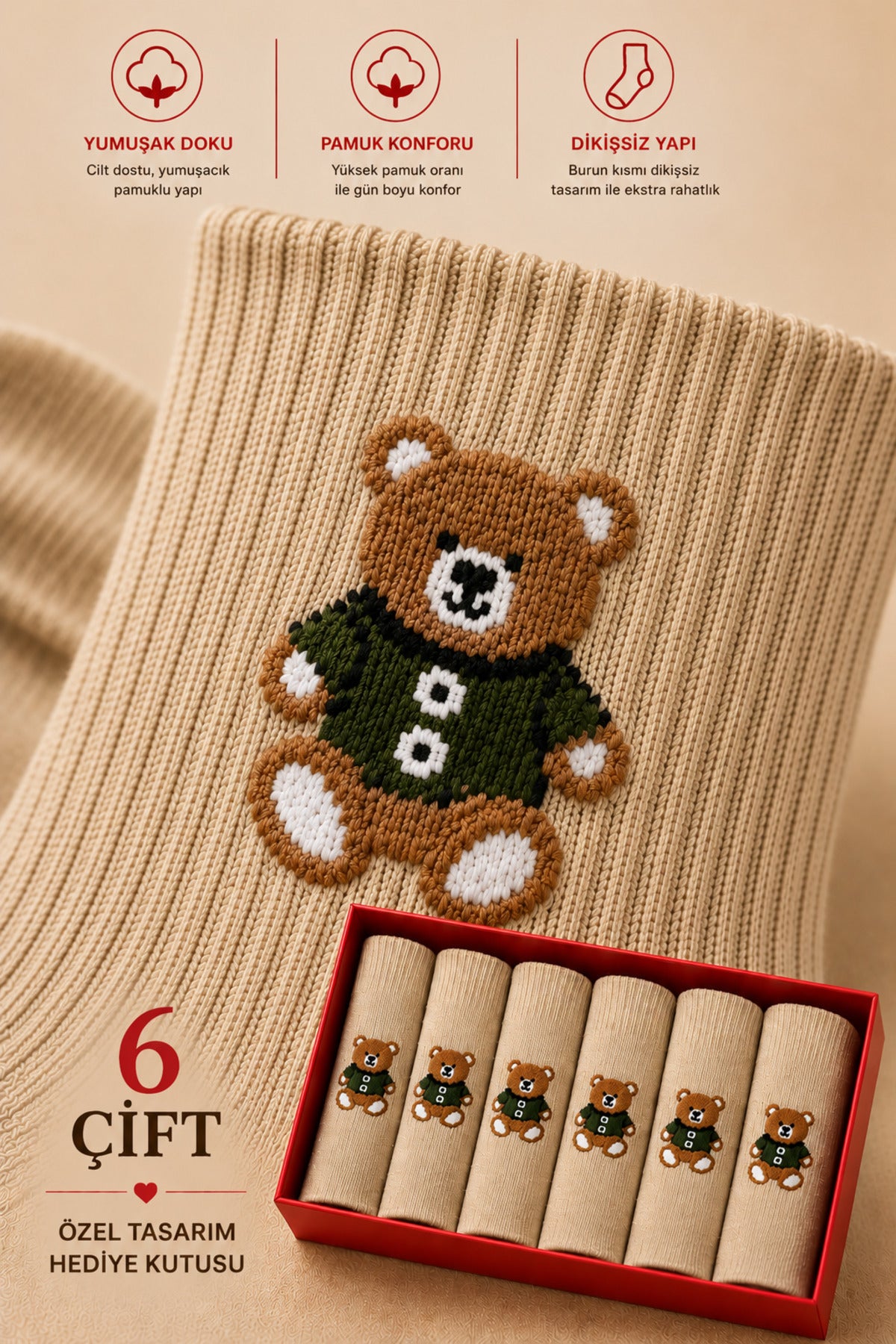Kadın Bej Teddy Bear Çorap Hediye Kutulu Pamuklu Kısa Konç Ayıcıklı Çorap 6'lı Dikişsiz