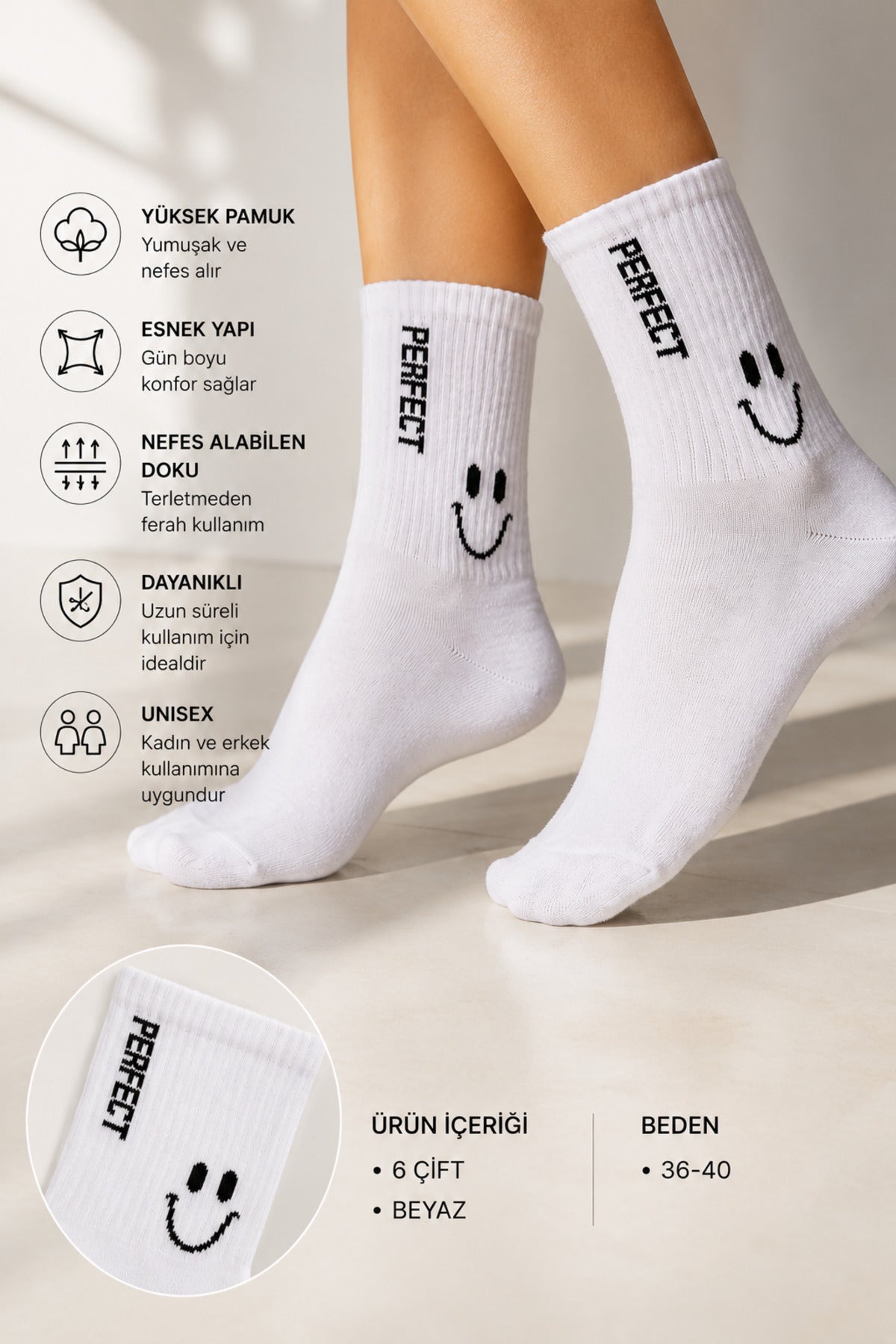 Kadın Çok Renkli Dikişsiz Desenli Spor Çorap Pamuklu 6'lı Orta Konç Perfect Çorap
