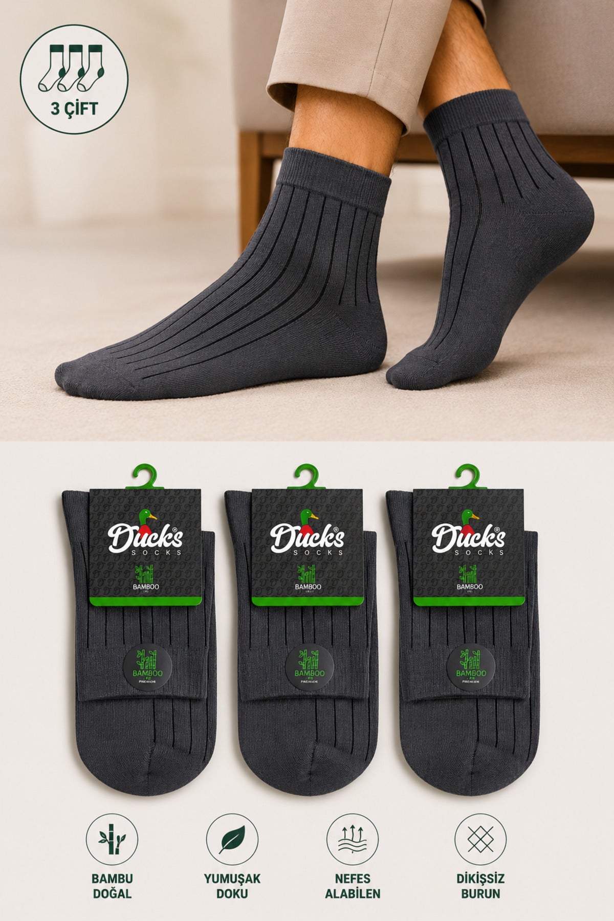 Erkek Füme Bambu Dikişsiz Kısa Konç Erkek Çorap 3'lü Yıkamalı Derbili Çizgili Çorap