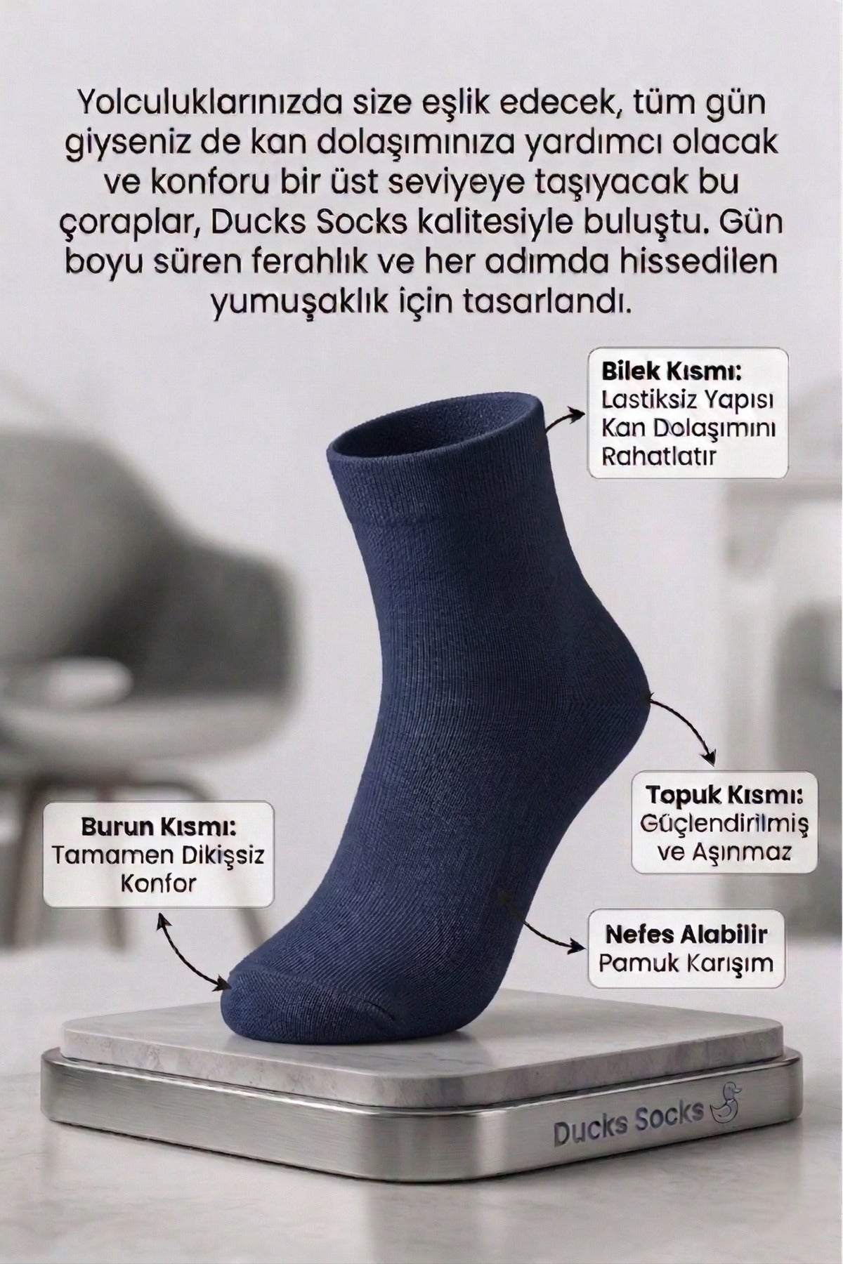Erkek Lacivert Lastiksiz Seyahat Çorabı 3’lü Paket Dikişsiz/Premium/Pamuk/Kısa Yolculuk Çorabı