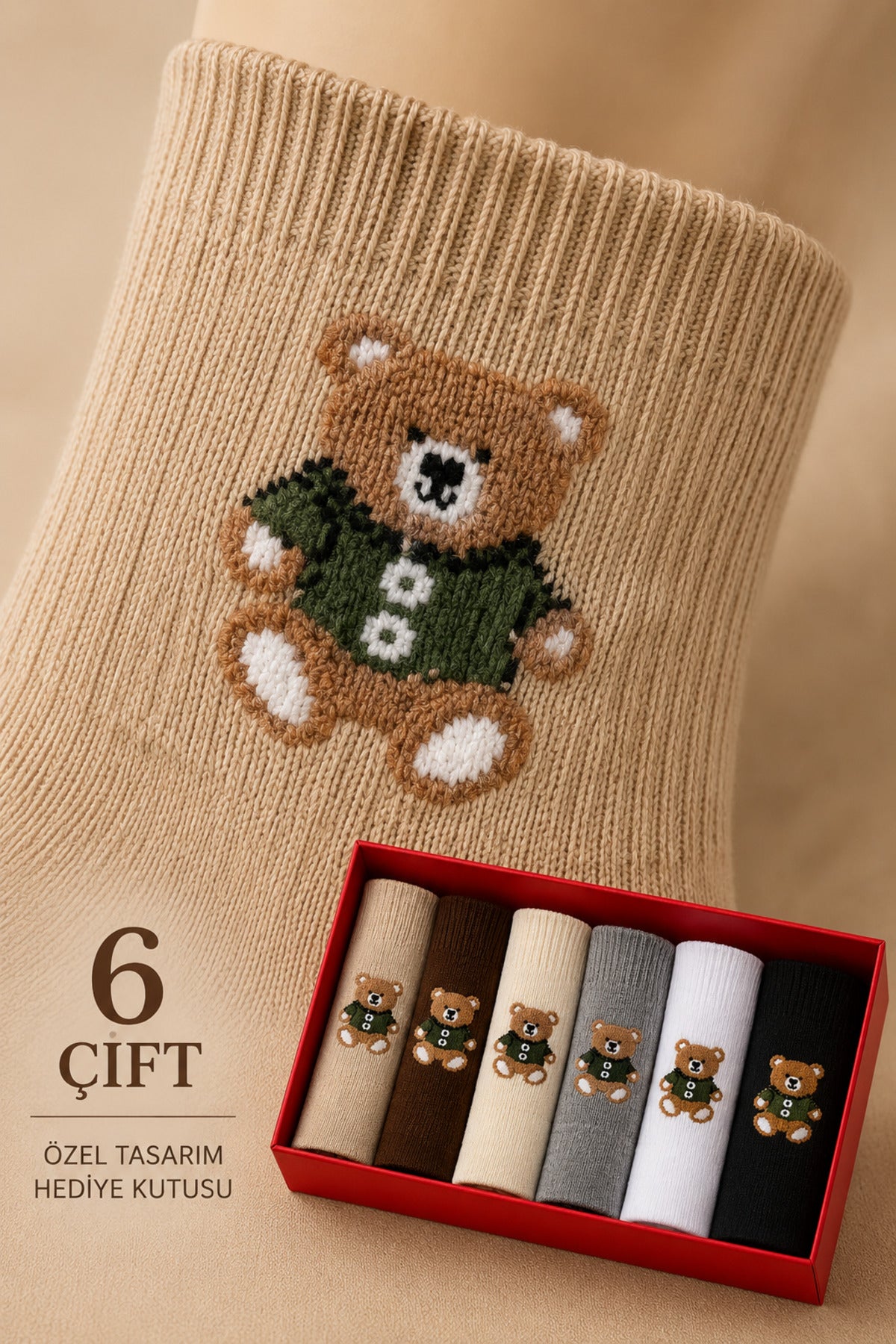 Kadın Teddy Bear Çorap Hediye Kutulu Pamuklu Kısa Konç Ayıcıklı Çorap 6'lı Dikişsiz