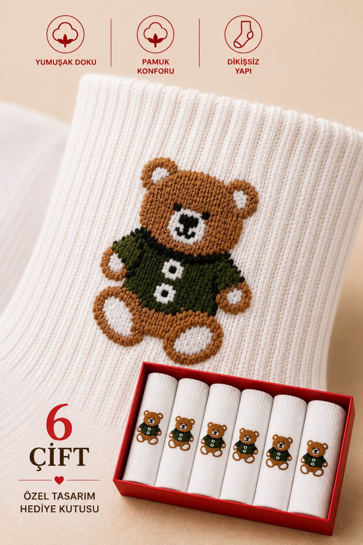 Kadın Beyaz Teddy Bear Çorap Hediye Kutulu Pamuklu Kısa Konç Ayıcıklı Çorap 6'lı Dikişsiz
