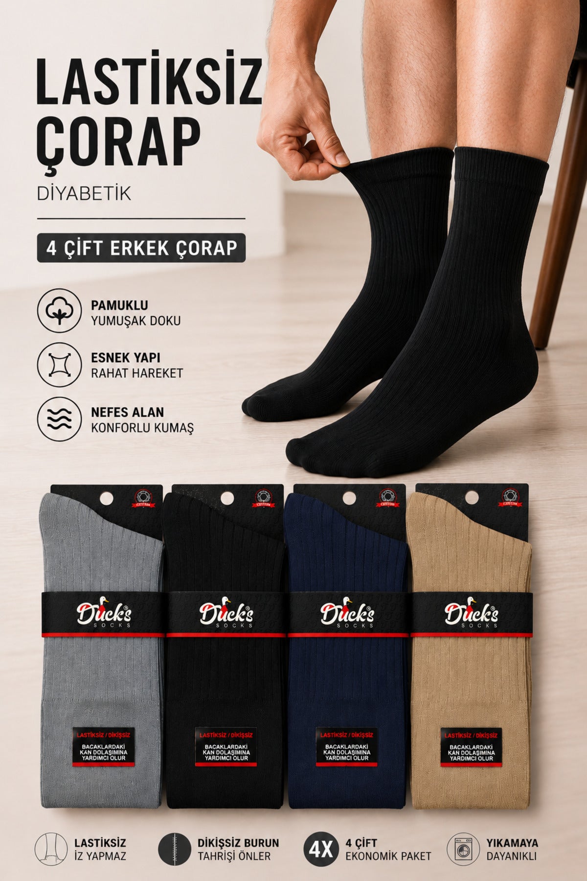 Erkek Lastiksiz Çorap Çizgili Dikişsiz Uzun Konç Pamuklu Ayağı Sıkmayan 4'lü Set Derbili Erkek Çorap