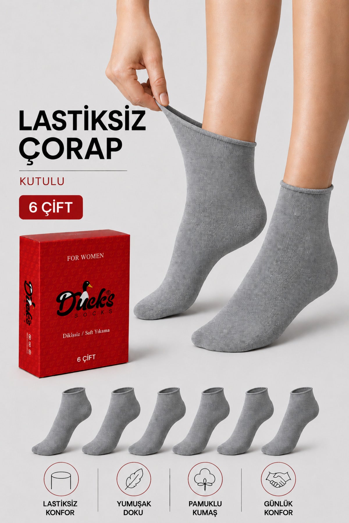 Kadın 6'lı Pamuklu Kutulu Lastiksiz Çorap Diyabetik Dostu Dikişsiz Iz Bırakmaz Kısa Konç Sıkmayan Çorap