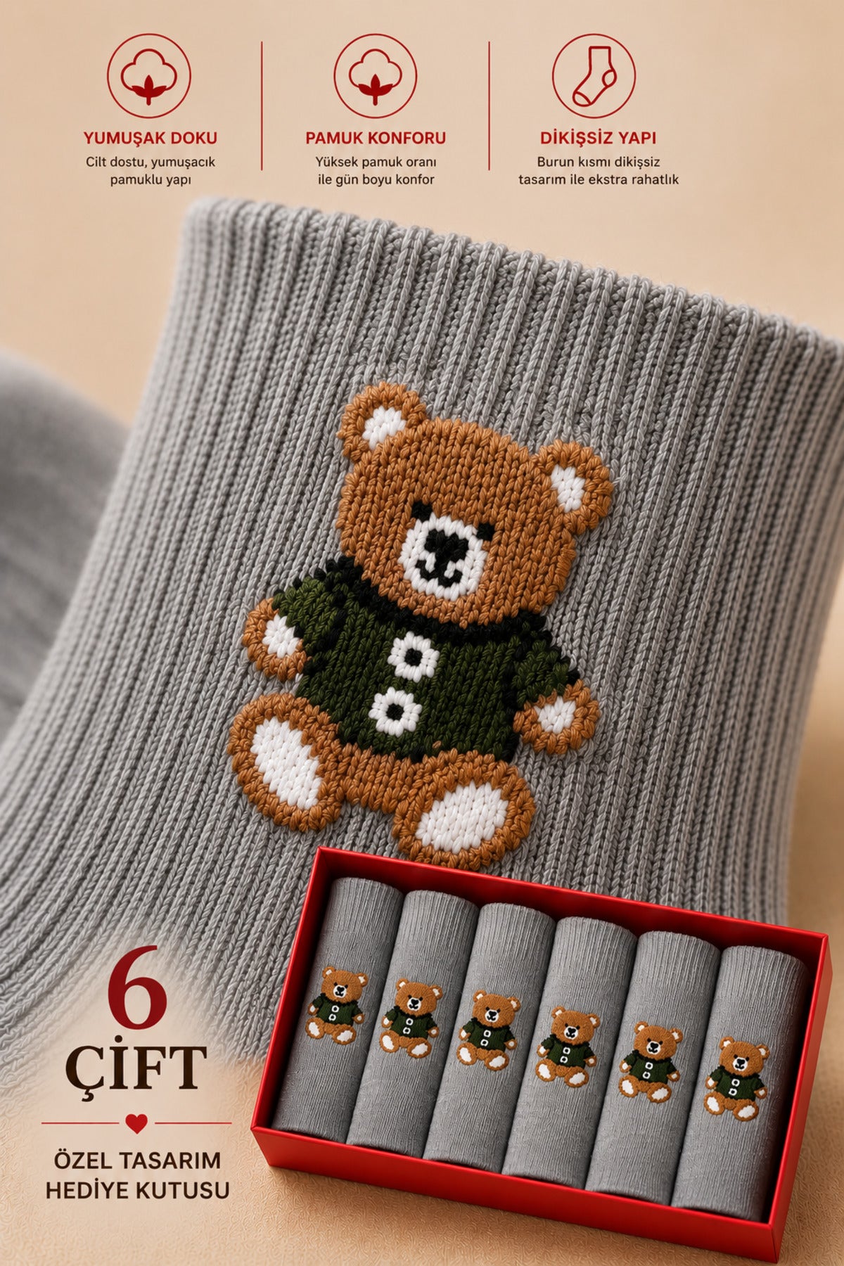 Kadın Gri Teddy Bear Çorap Hediye Kutulu Pamuklu Kısa Konç Ayıcıklı Çorap 6'lı Dikişsiz