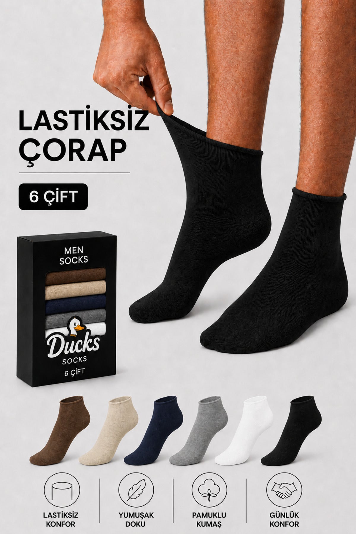 Ducks Socks Erkek 6'lı Pamuklu Kutulu Lastiksiz Çorap Diyabetik Dostu Siyah Dikişsiz Esnek Kısa Konç Sıkmayan Çorap