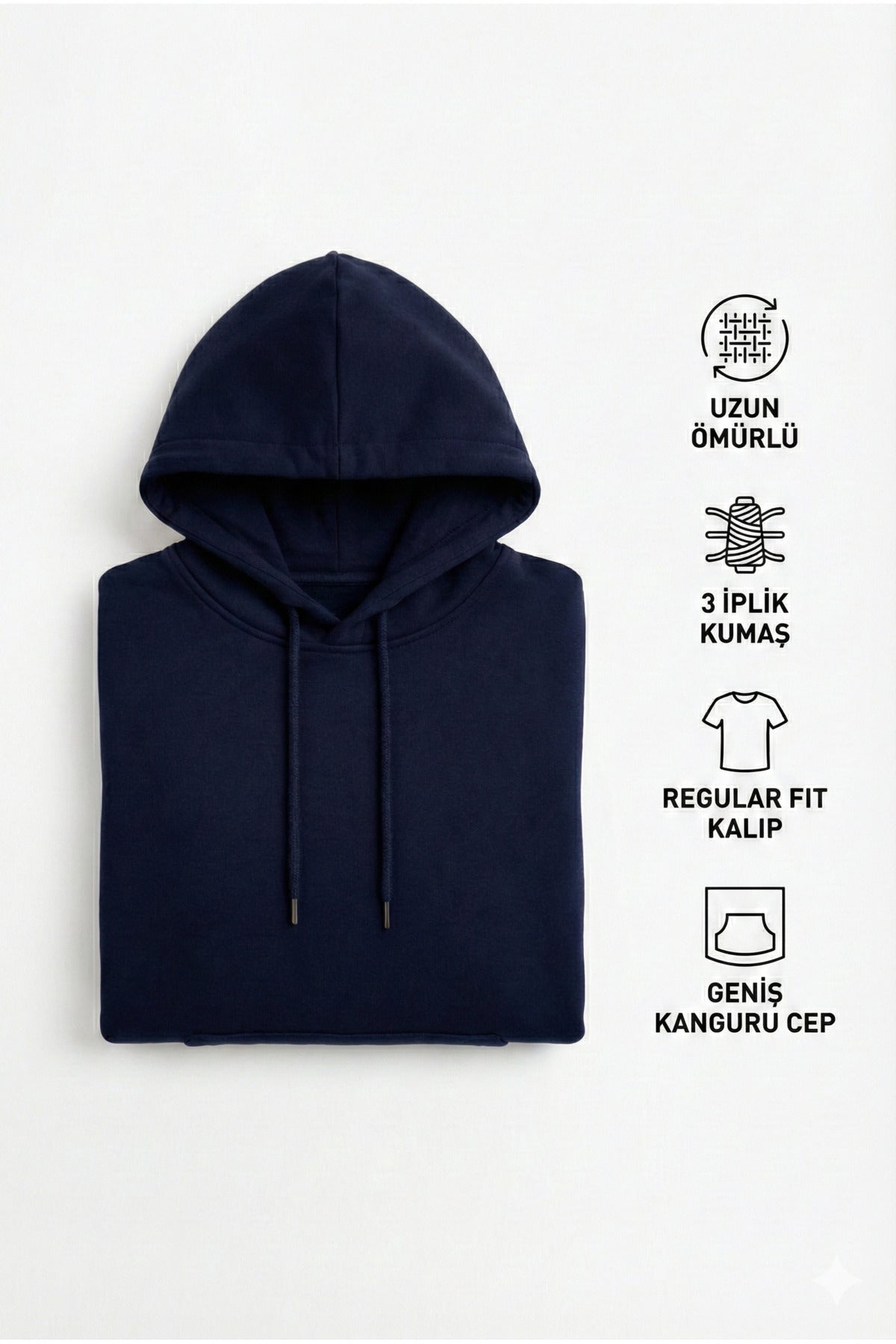 Erkek Lacivert 3 İplik Pamuklu Kapüşonlu Sweatshirt Basic Hoodie Kanguru Cepli