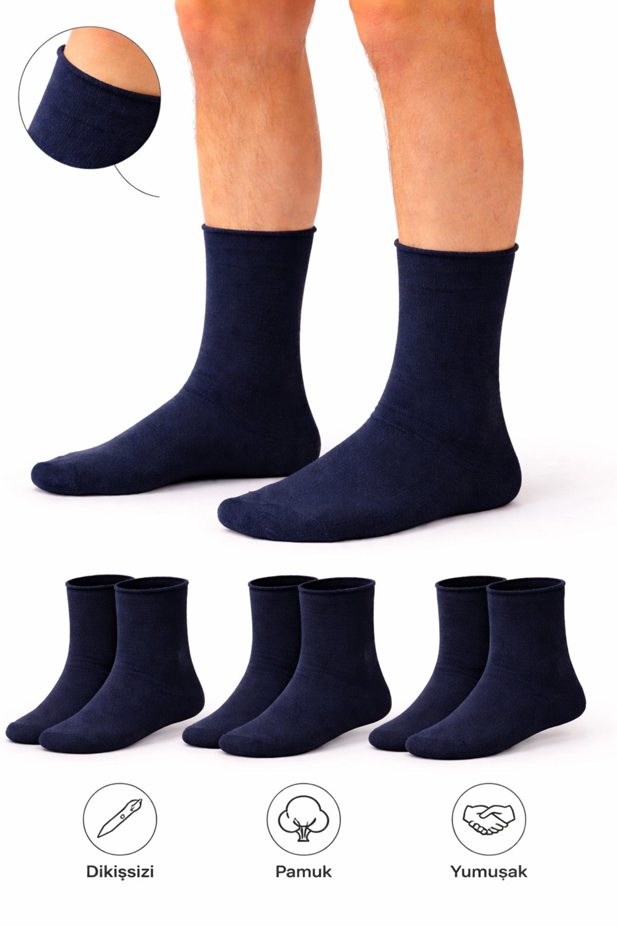 Erkek Lacivert Pamuk Dikişsiz Lastiksiz Çorap 3'lü Paket Uzun Konç / İz Bırakmaz / Sıkmayan Çorap