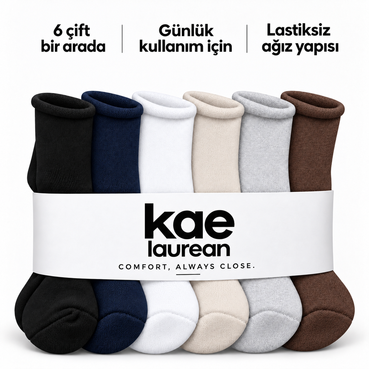 6201 kadın kısa konç lastiksiz çorap 6 çift – 1 Siyah + 1 Lacivert + 1 Beyaz + 1 Bej + 1 Gri + 1 Kahverengi – 4. görsel