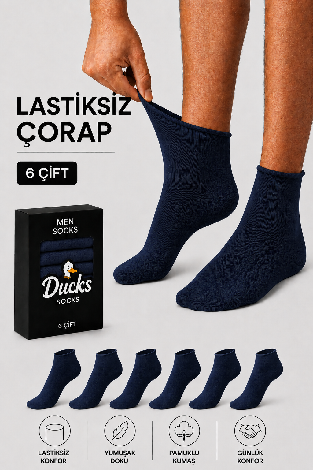 Erkek Lacivert 6'lı Pamuklu Kutulu Lastiksiz Dikişsiz Esnek Kısa Konç Sıkmayan Çorap