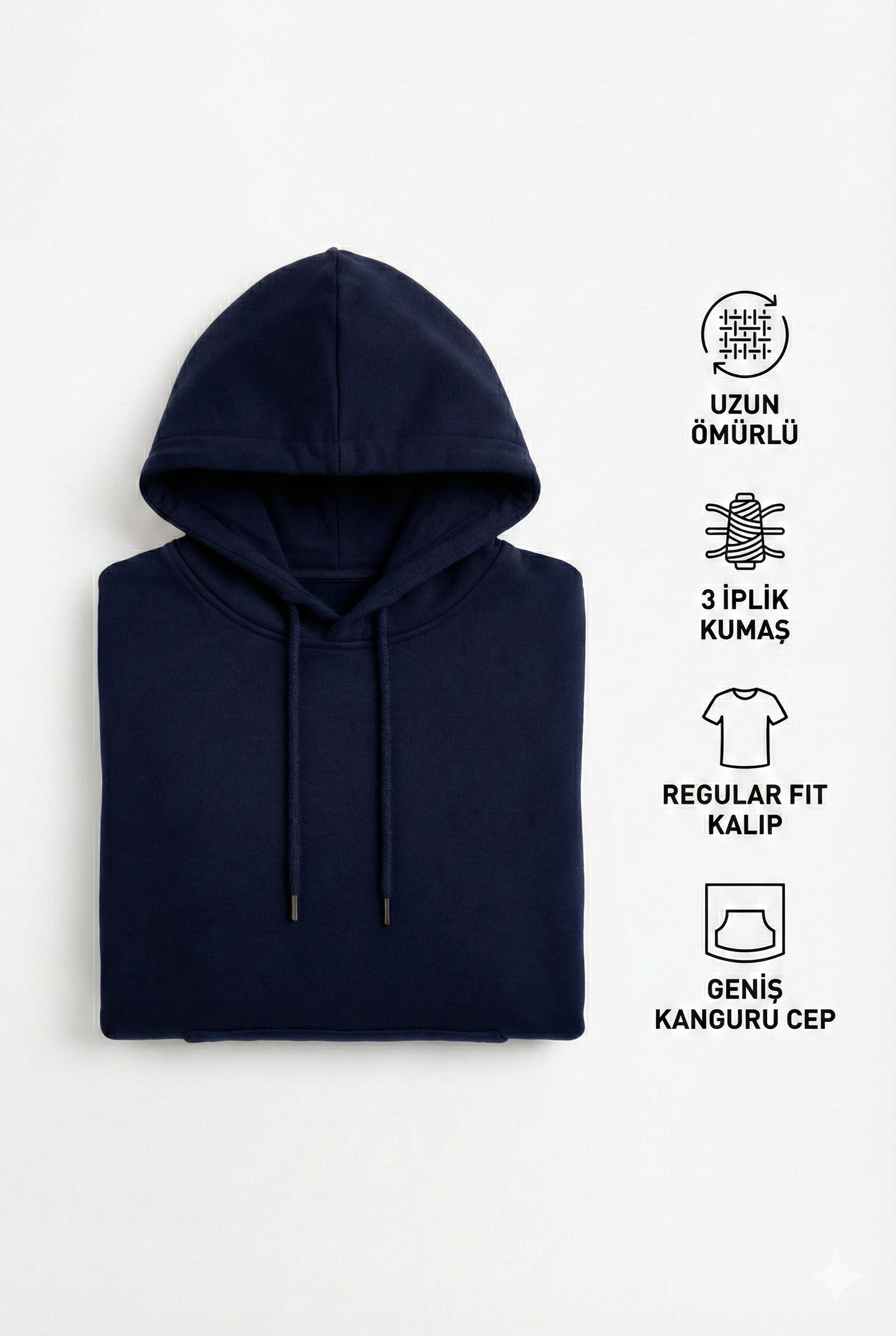 Kadın Lacivert 3 İplik Pamuklu Kapüşonlu Sweatshirt Basic Hoodie Kanguru Cepli