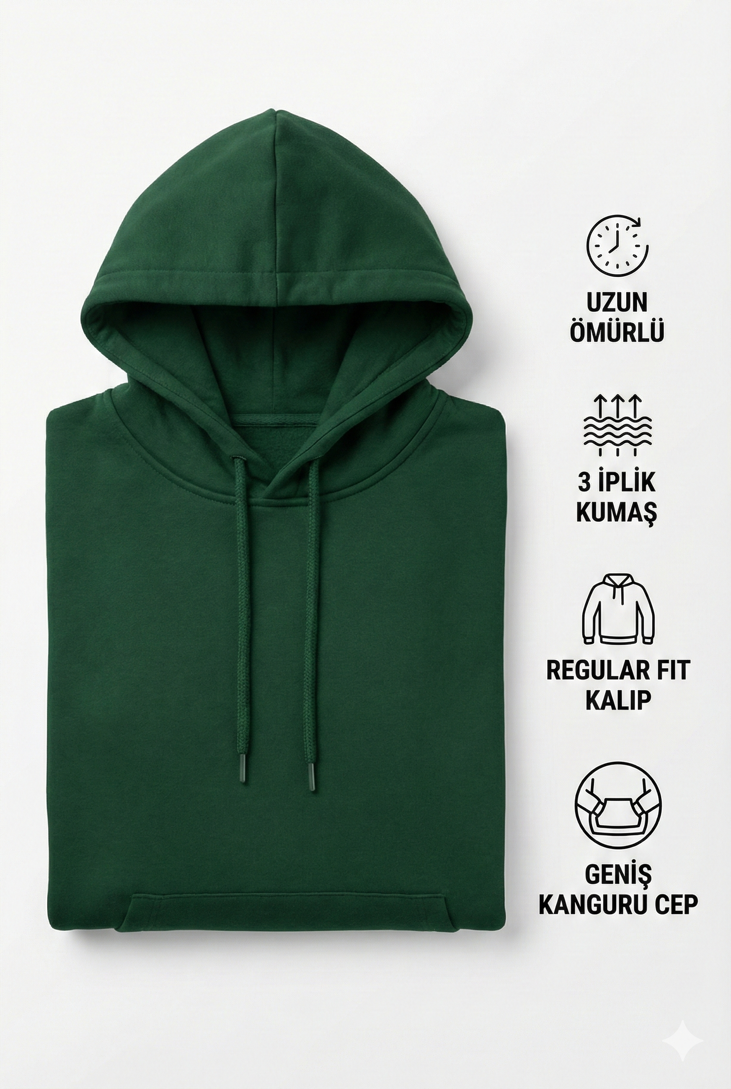 Erkek Koyu Yeşil 3 İplik Pamuklu Kapüşonlu Sweatshirt Basic Hoodie Kanguru Cepli