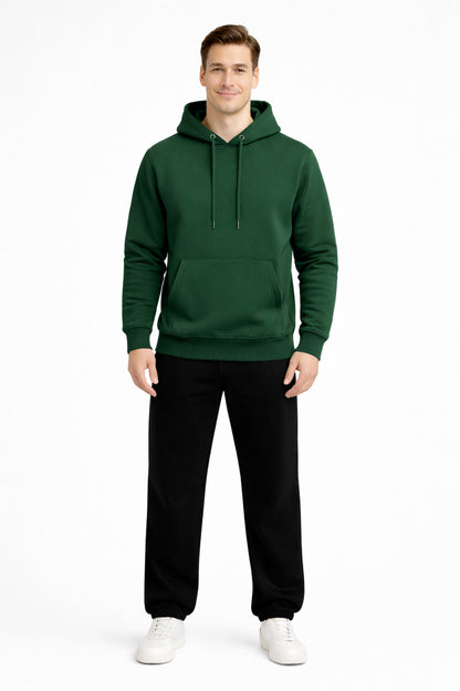 Erkek Koyu Yeşil 3 İplik Pamuklu Kapüşonlu Sweatshirt Basic Hoodie Kanguru Cepli