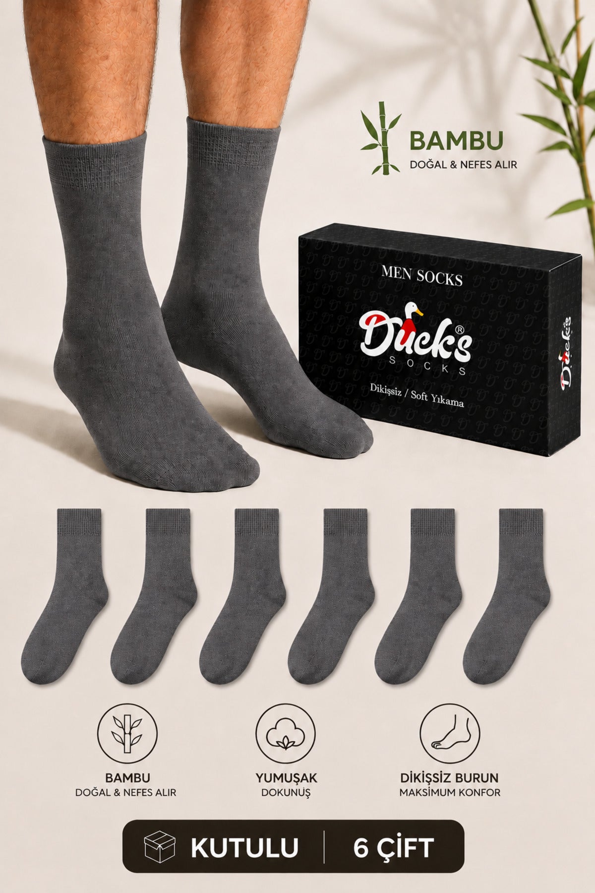 Erkek Füme Bambu Çorap 6'lı Kutulu Dikişsiz Uzun Konç Yıkamalı