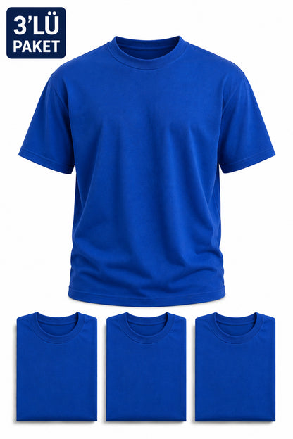 Erkek 3'lü Paket Pamuklu Regular Fit Bisiklet Yaka Günlük Basic Erkek Saks Tişört