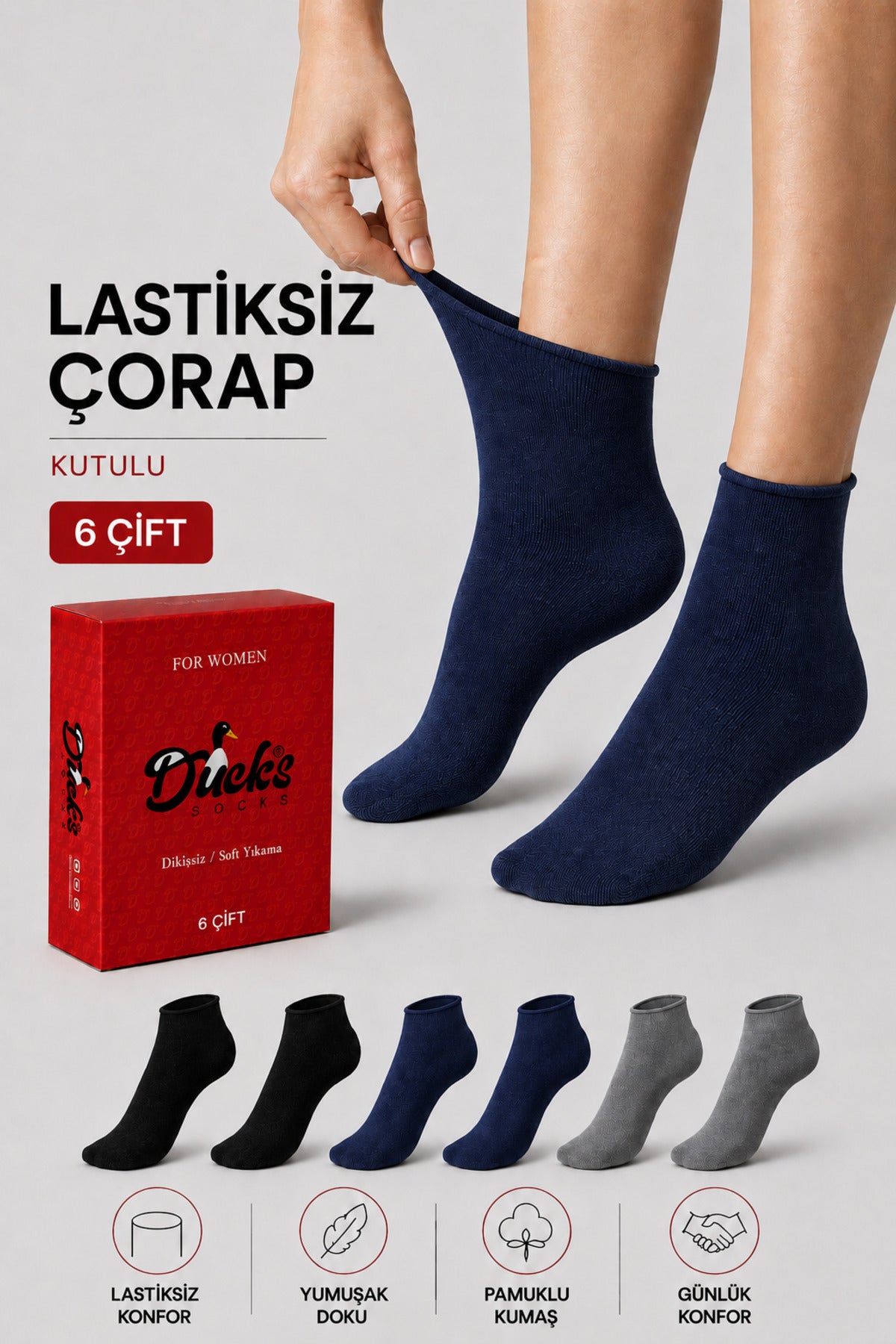 Kadın 6'lı Pamuklu Kutulu Lastiksiz Çorap Diyabetik Dostu Dikişsiz Iz Bırakmaz Kısa Konç Sıkmayan Çorap