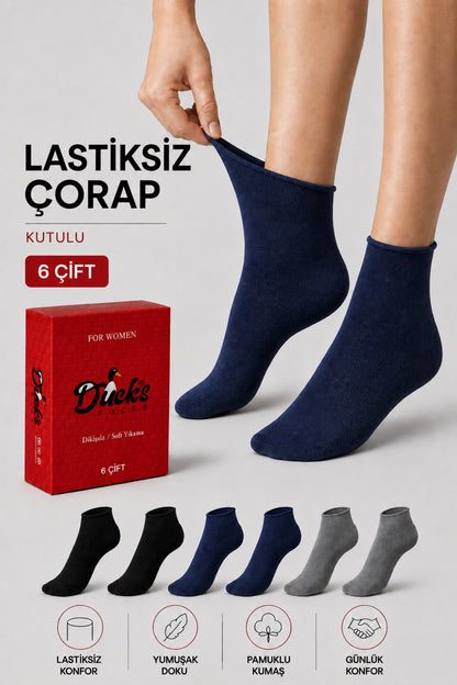 Kadın 6'lı Pamuklu Kutulu Lastiksiz Çorap Diyabetik Dostu Dikişsiz Iz Bırakmaz Kısa Konç Sıkmayan Çorap