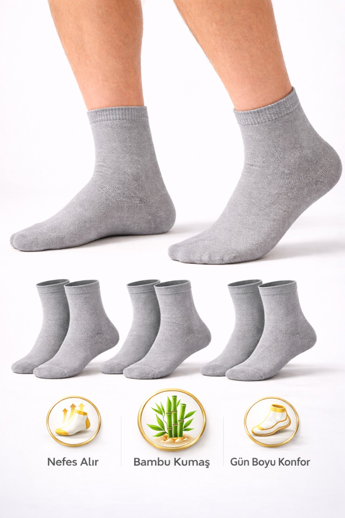 Erkek Kısa Konç Bambu Gri Çorap 3’lü Dikişsiz Terletmeyen Ultra Yumuşak Nefes Alabilir Premium Çorap
