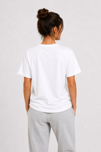 Kadın Basic Beyaz Tişört %100 Pamuk Rahat Kalıp Günlük Bisiklet Yaka T-Shirt
