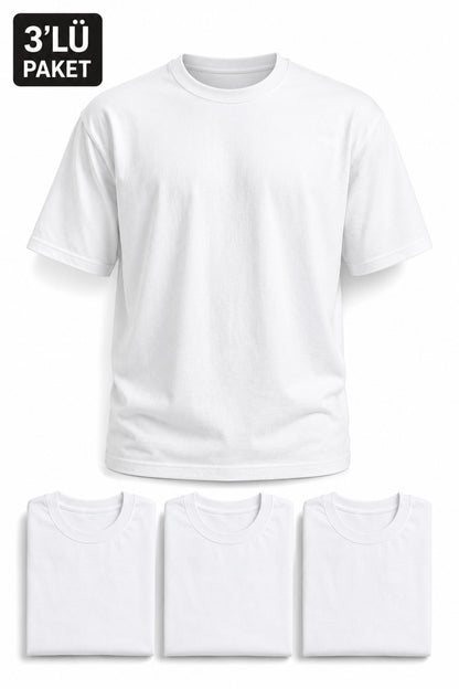 Erkek 3'lü Paket Pamuklu Regular Fit Bisiklet Yaka Günlük Basic Erkek Beyaz Tişört