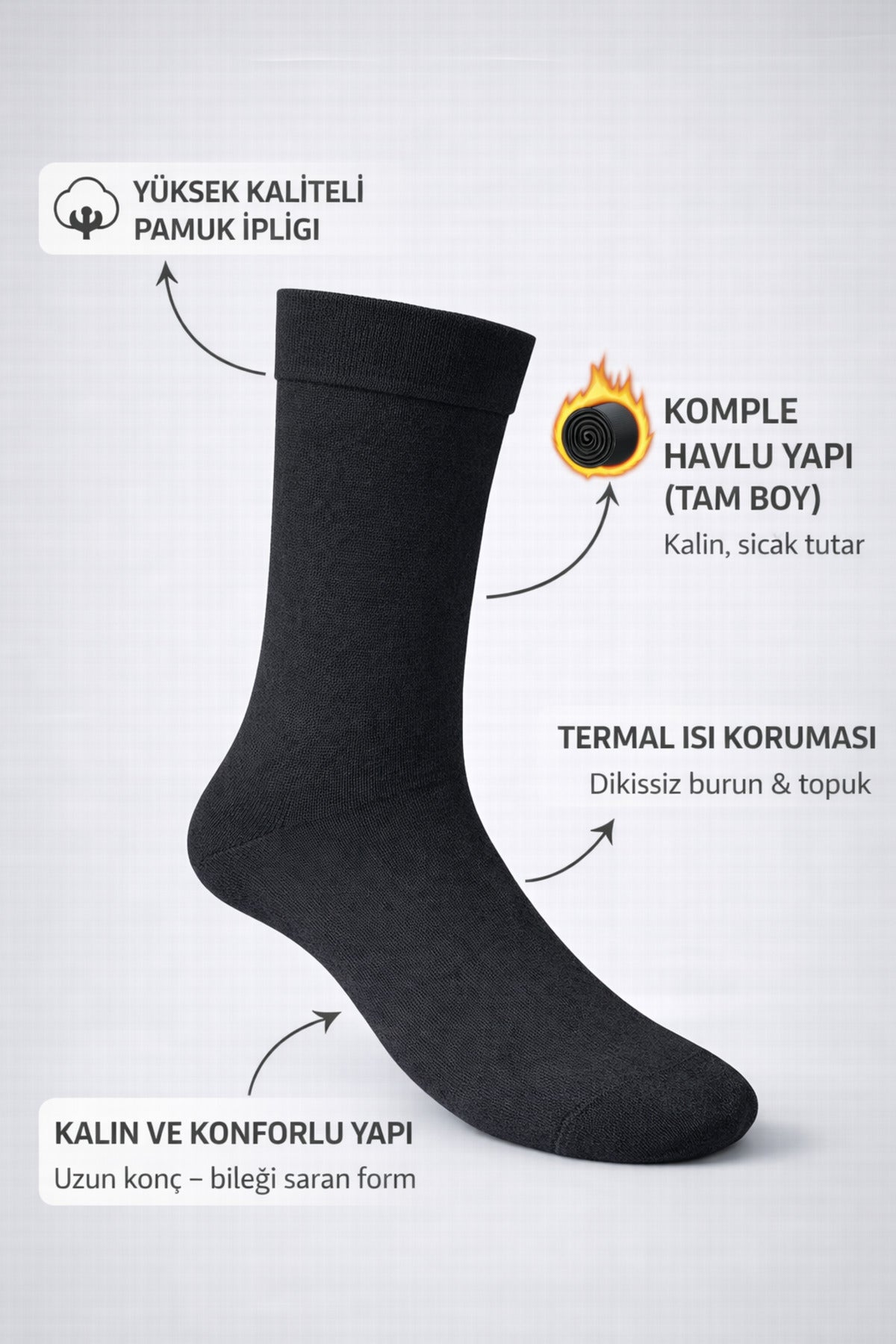 Ducks Socks Siyah Erkek 3'lü Dikişsiz Isı Koruyucu Termal Kışlık Havlu Çorap
