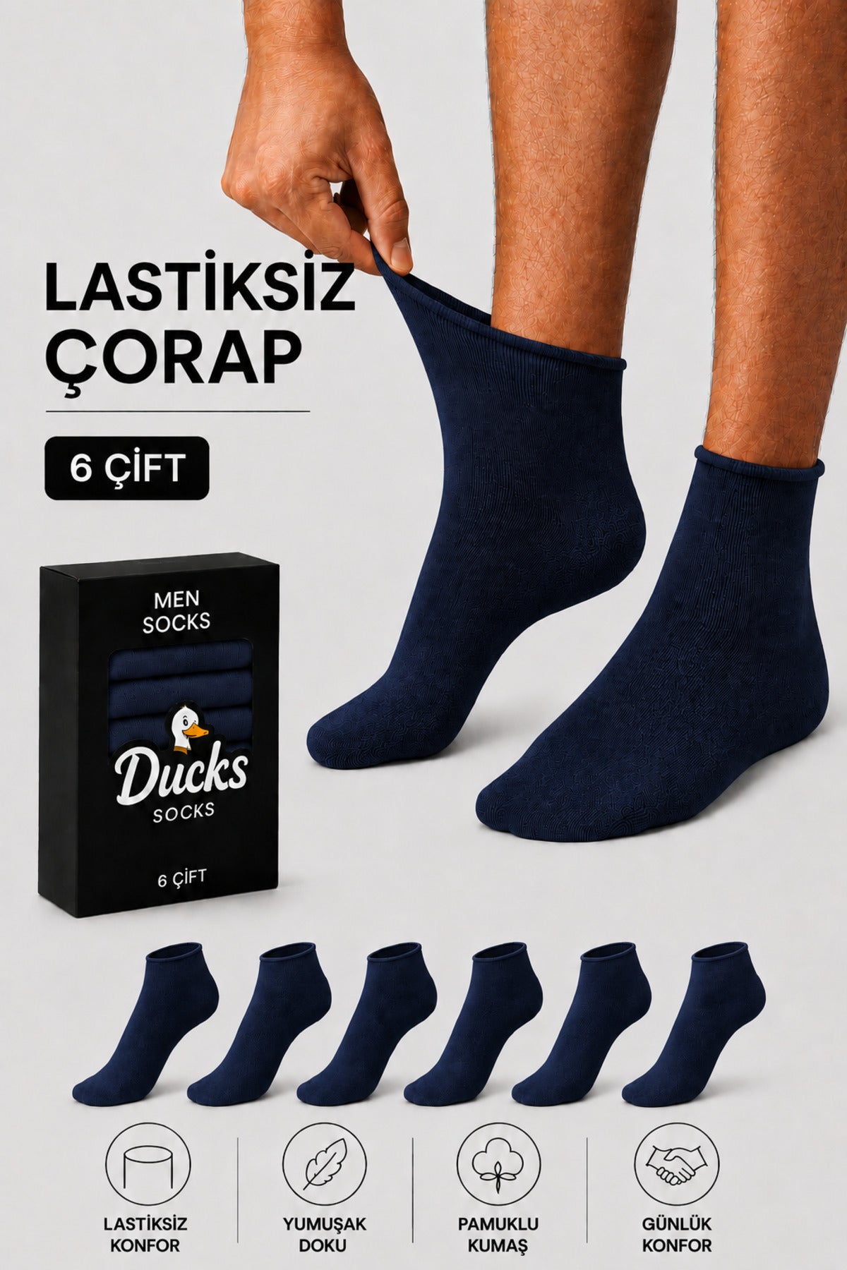 Erkek Lacivert 6'lı Pamuklu Kutulu Lastiksiz Çorap Diyabetik Dostu Dikişsiz Iz Bırakmaz Kısa Konç Sıkmayan Çorap