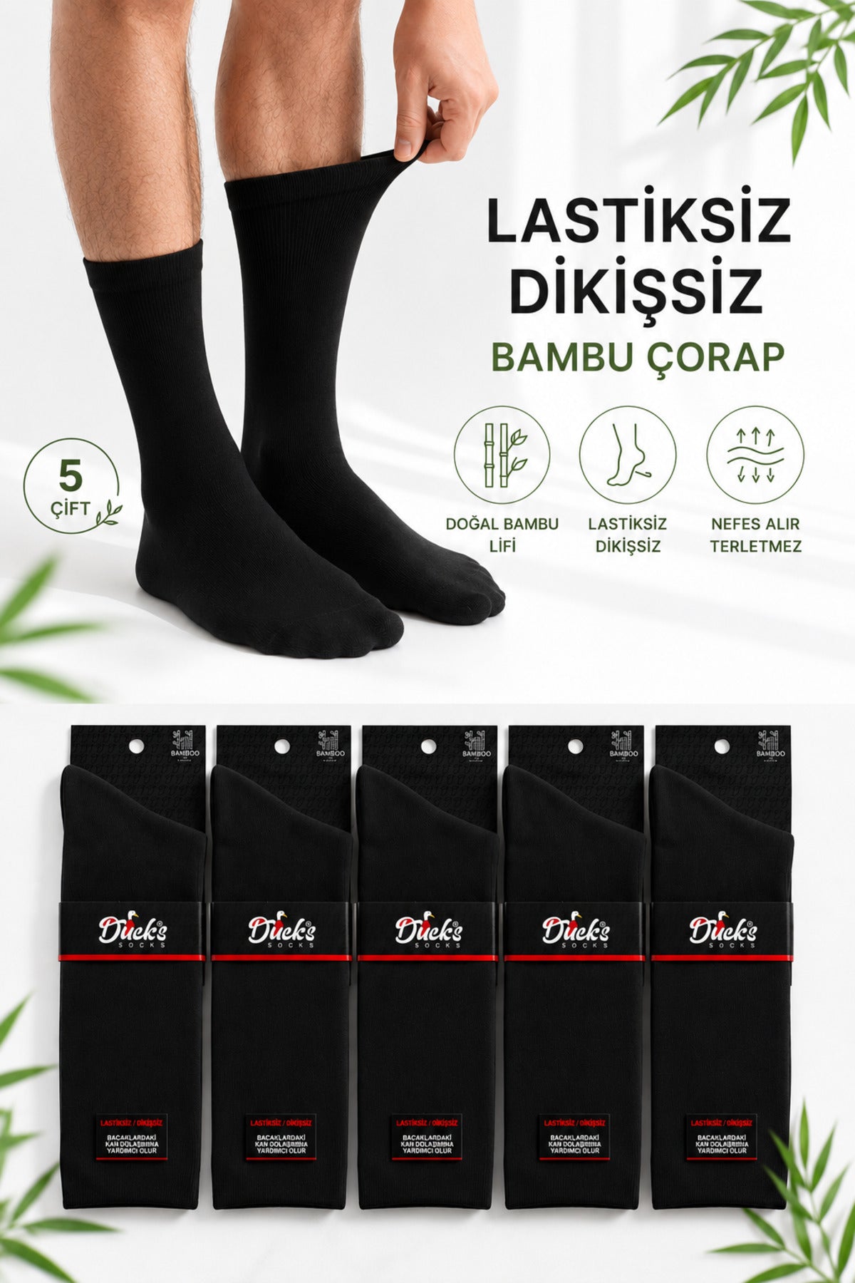 Erkek Siyah Bambu Lastiksiz Çorap Diyabetik Dostu Dikişsiz Uzun Konç Ayağı Sıkmayan 5'li Set Şeker Erkek Çorap