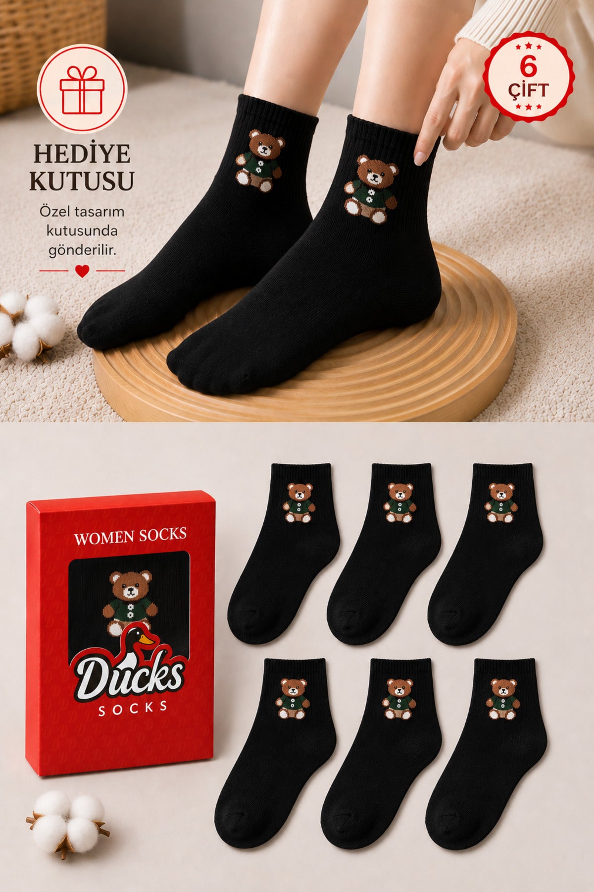 Kadın Siyah Teddy Bear Çorap Hediye Kutulu Pamuklu Kısa Konç Ayıcıklı Çorap 6'lı Dikişsiz