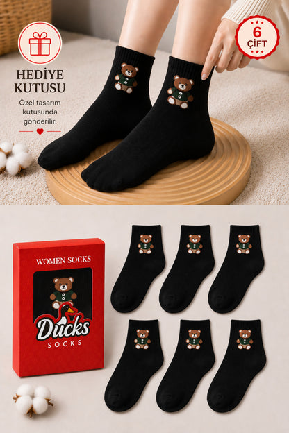 Kadın Siyah Teddy Bear Çorap Hediye Kutulu Pamuklu Kısa Konç Ayıcıklı Çorap 6'lı Dikişsiz