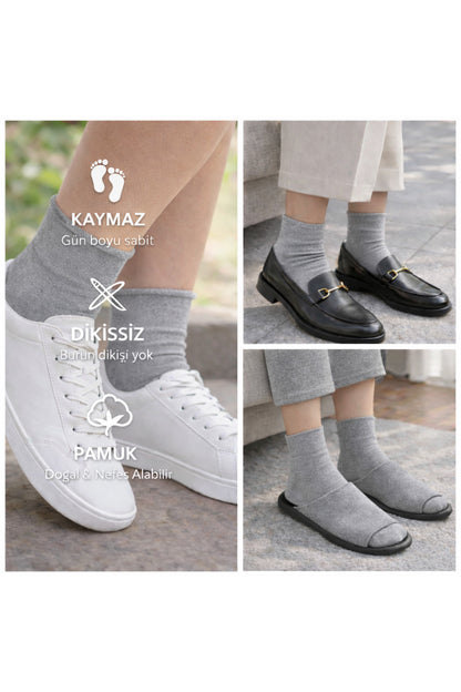 Pamuk Kadın Lastiksiz Gri Soket Dikişsiz Premium Çorap 3'lü Paket / İz Bırakmaz / Sıkmayan Çorap