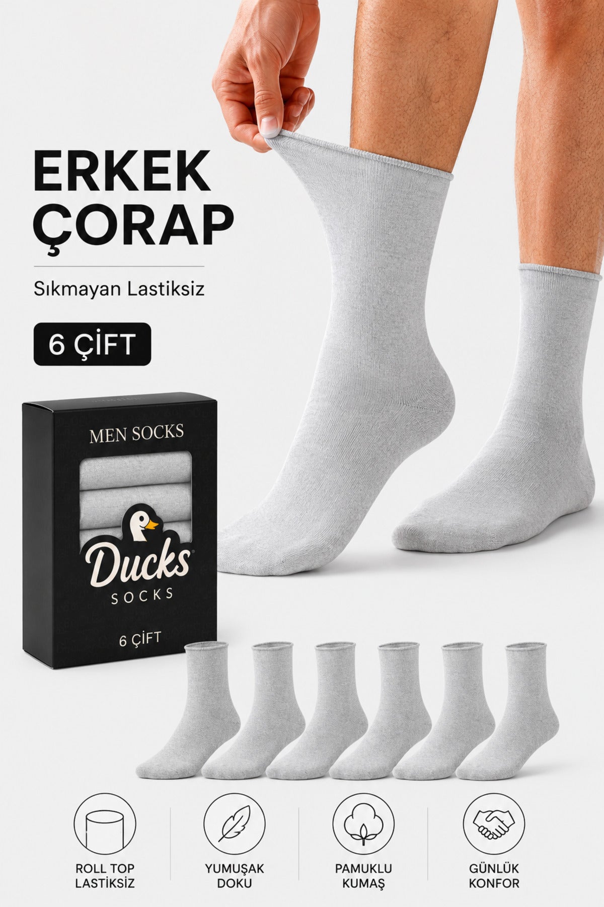 Erkek Gri 6'lı Pamuklu Kutulu Lastiksiz Dikişsiz Esnek Uzun Konç Sıkmayan Çorap