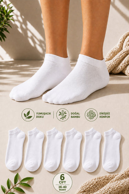 Kadın Beyaz 6'lı Bambu Extra Yumuşak Yazlık Dikişsiz Çorap Terletmeyen Soft Çorap