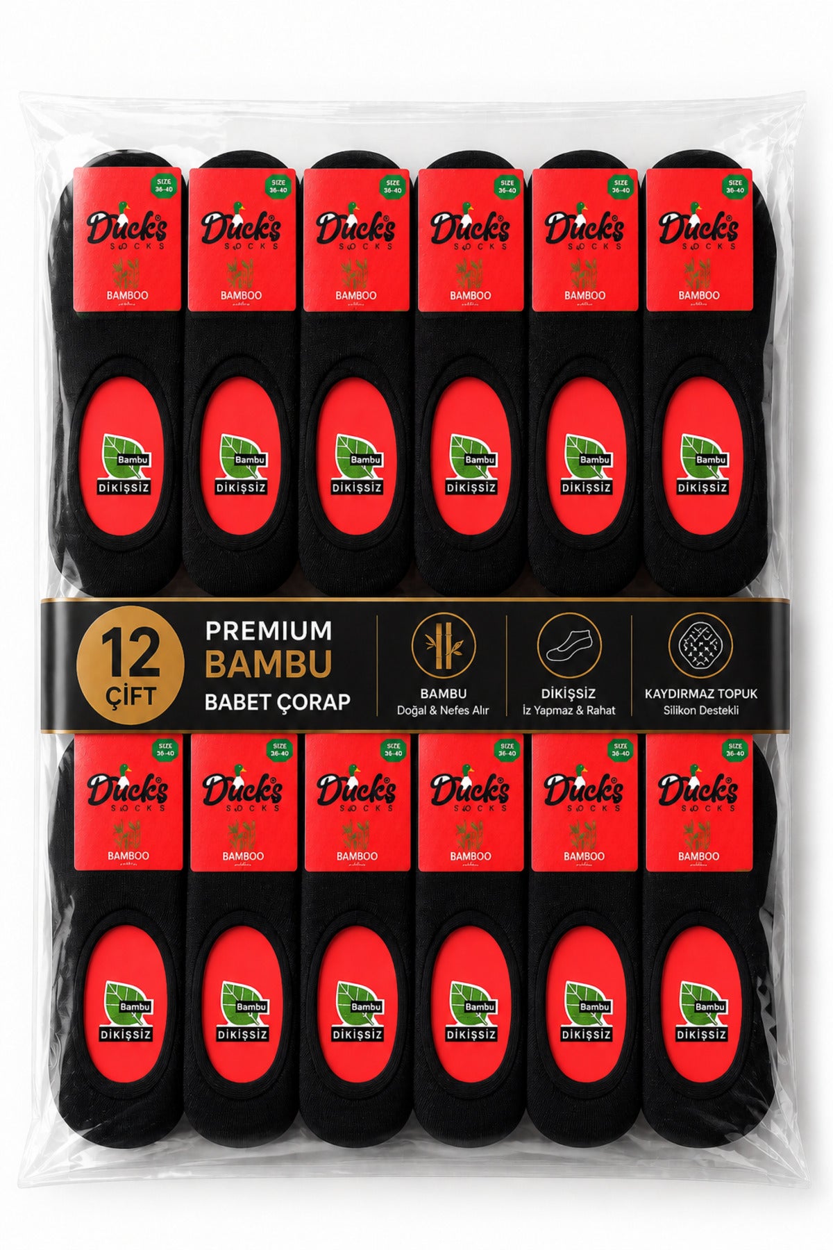 Kadın Siyah Bambu Babet Çorap Premium 12'li Dikişsiz Ayaktan Çıkma Önleyici Slikonlu Babet Çorap