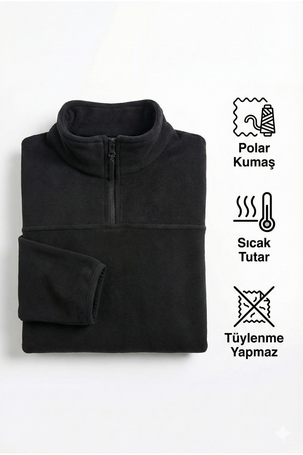 Erkek Siyah Anti-pilling Tüylenme Yapmayan Standart Fit Dik Yaka Cepli Soğuk Geçirmez Polar
