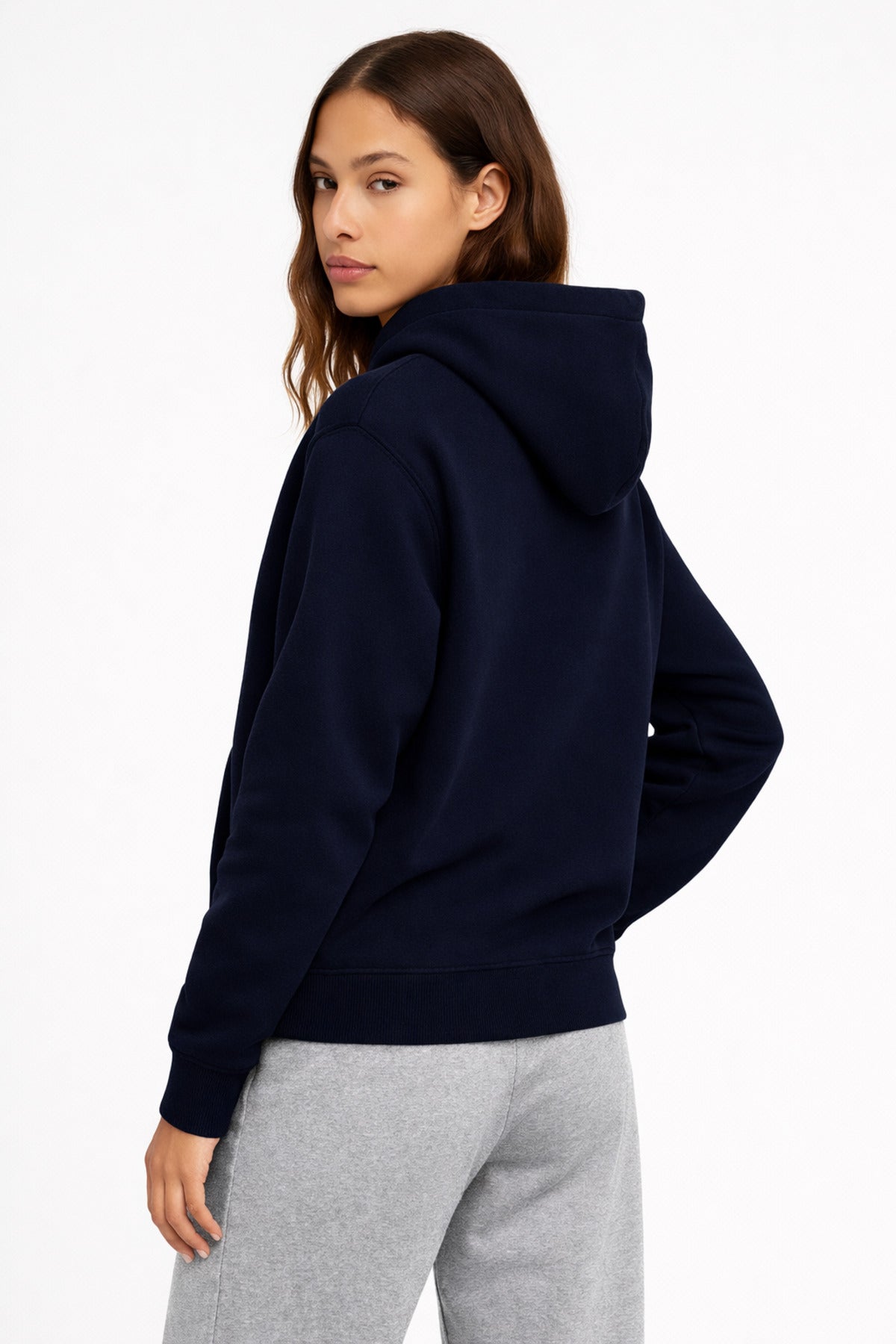 Kadın Lacivert 3 İplik Pamuklu Kapüşonlu Sweatshirt Basic Hoodie Kanguru Cepli