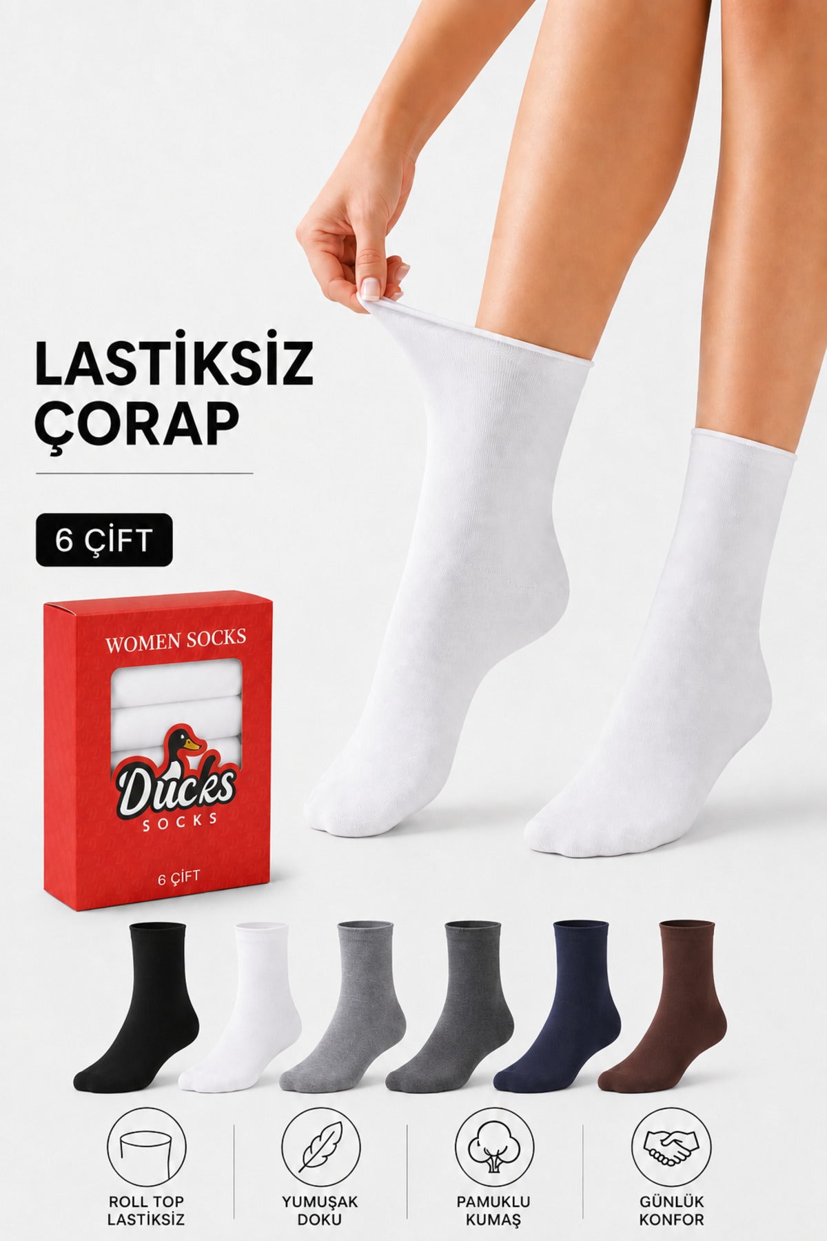 Kadın 6'lı Pamuklu Kutulu Lastiksiz Çorap Diyabetik Dostu Dikişsiz Iz Bırakmaz Uzun Konç Sıkmayan Çorap