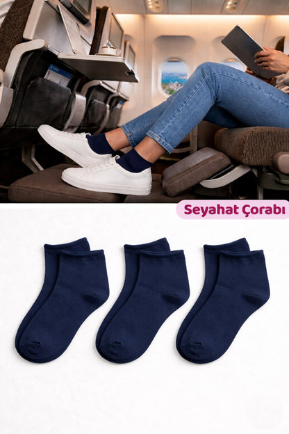Kadın Lacivert Lastiksiz Seyahat Çorabı 3’lü Paket Dikişsiz/Premium/Pamuk/Kısa/ Yolculuk Çorabı