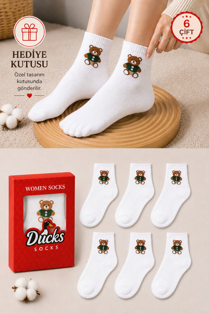 Kadın Beyaz Teddy Bear Çorap Hediye Kutulu Pamuklu Kısa Konç Ayıcıklı Çorap 6'lı Dikişsiz