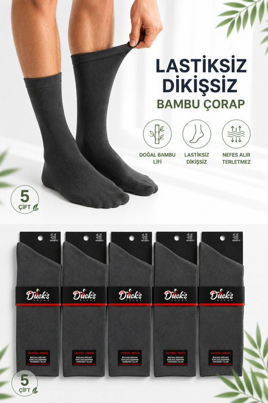 Erkek Füme Bambu Lastiksiz Çorap Diyabetik Dostu Dikişsiz Uzun Konç Ayağı Sıkmayan 5'li Set Şeker Erkek Çorap