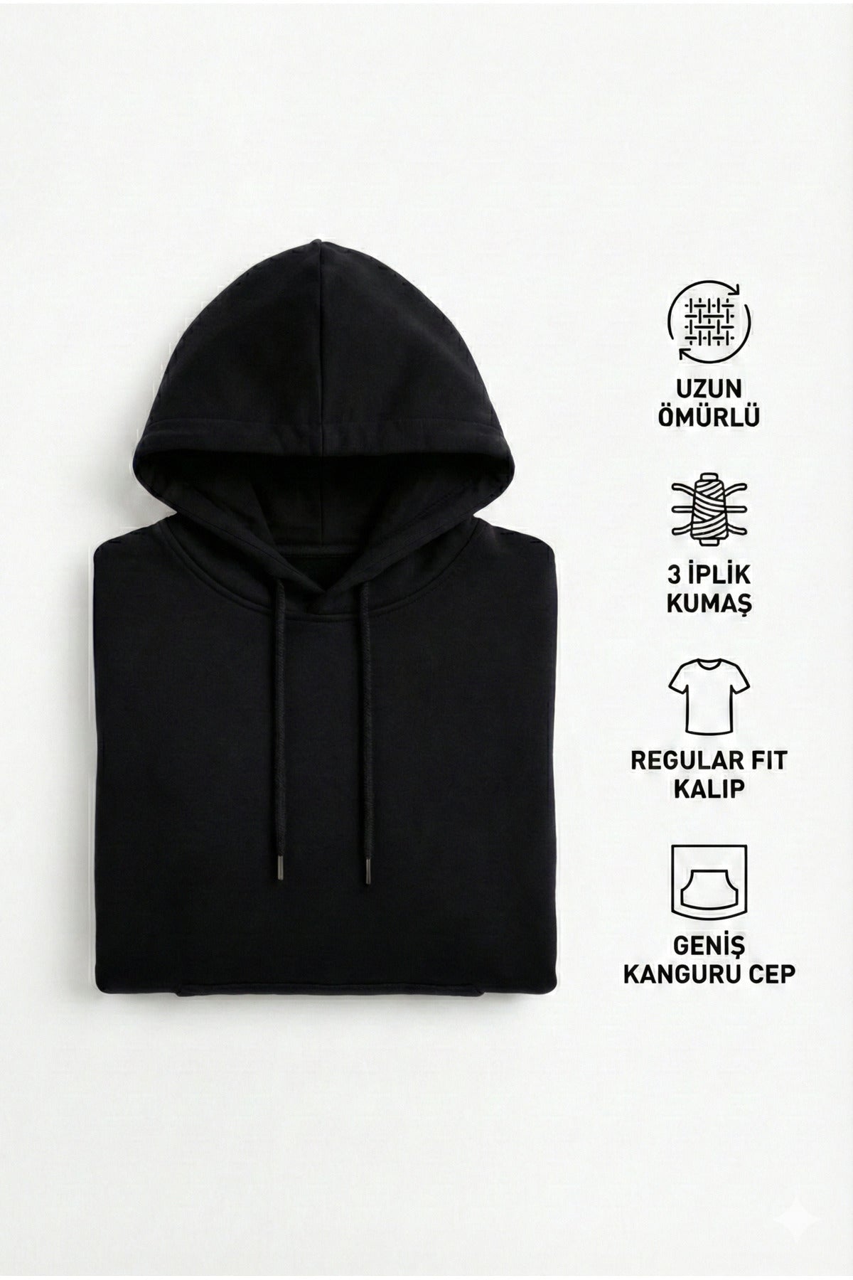 Erkek Siyah 3 İplik Pamuklu Kapüşonlu Sweatshirt Basic Hoodie Kanguru Cepli