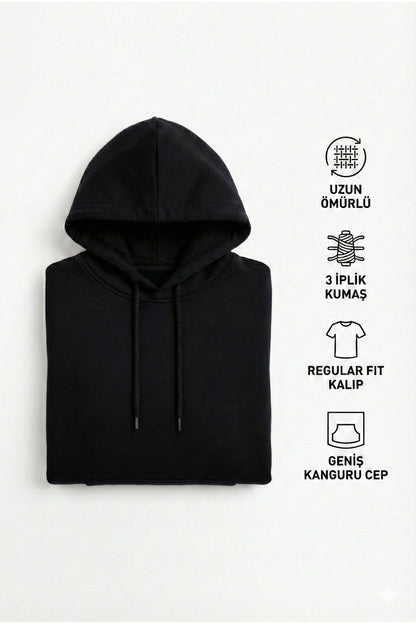 Erkek Siyah 3 İplik Pamuklu Kapüşonlu Sweatshirt Basic Hoodie Kanguru Cepli