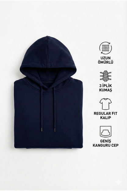 Erkek Lacivert 3 İplik Pamuklu Kapüşonlu Sweatshirt Basic Hoodie Kanguru Cepli