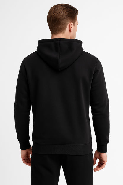 Erkek Siyah 3 İplik Pamuklu Kapüşonlu Sweatshirt Basic Hoodie Kanguru Cepli