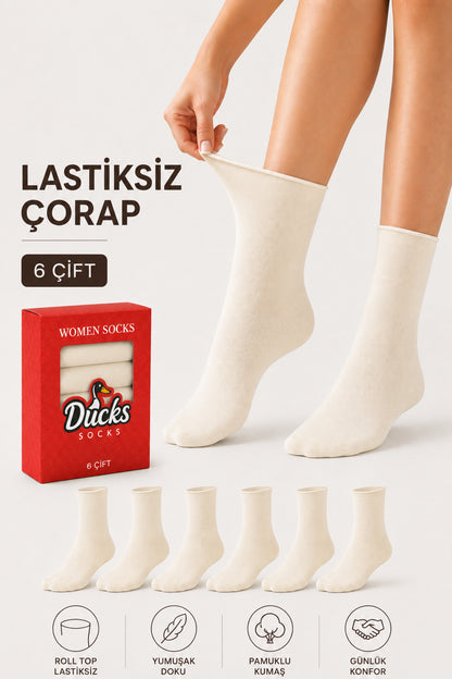 Kadın Ekru 6'lı Pamuklu Kutulu Lastiksiz Çorap Diyabetik Dostu Dikişsiz Iz Bırakmaz Uzun Konç Sıkmayan Çorap