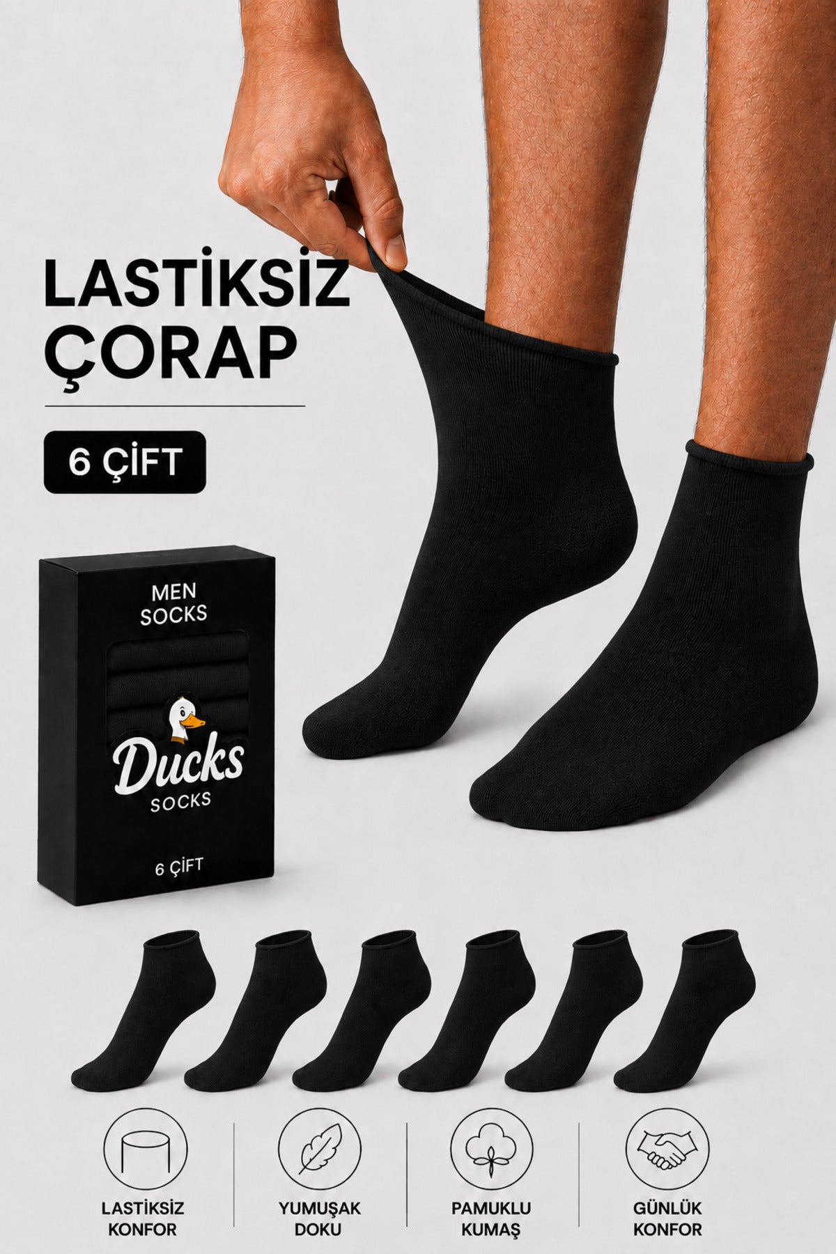 Ducks Socks Erkek Siyah 6'lı Pamuklu Kutulu Lastiksiz Çorap Diyabetik Dostu Siyah Dikişsiz Esnek Kısa Konç Sıkmayan Çorap