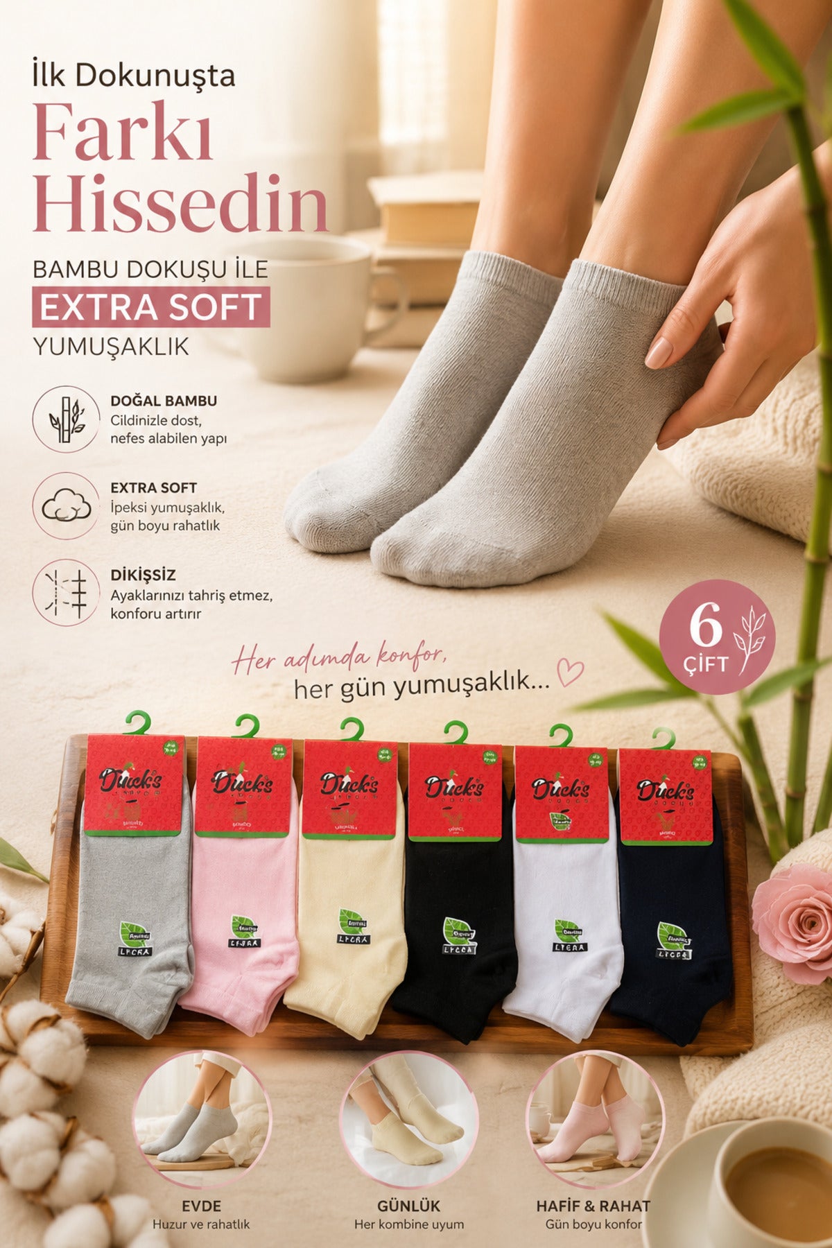 Kadın 6'lı Bambu Extra Yumuşak Kutulu Yazlık Dikişsiz Çorap Terletmeyen Soft Çorap